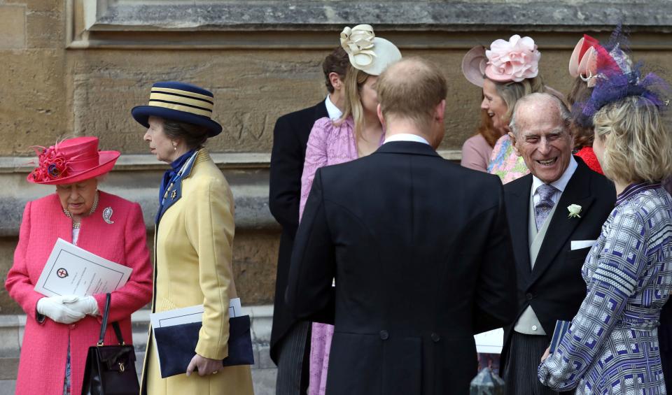 Britain's Queen Elizabeth II (L), Britain's Princess Anne, Princess Royal, (2L) Britain's Prince Harry, Duke of Sussex (C), and Britain's Prince Philip, Duke of Edinburgh (2R) leave St George's Chapel in Windsor Castle, Windsor, west of London, on May 18, 2019, after the wedding of Lady Gabriella Windsor and Thomas Kingston. - Lady Gabriella, is the daughter of Prince and Princess Michael of Kent. Prince Michael, is the Queen Elizabeth II's cousin. (Photo by Steve Parsons / POOL / AFP)        (Photo credit should read STEVE PARSONS/AFP via Getty Images)