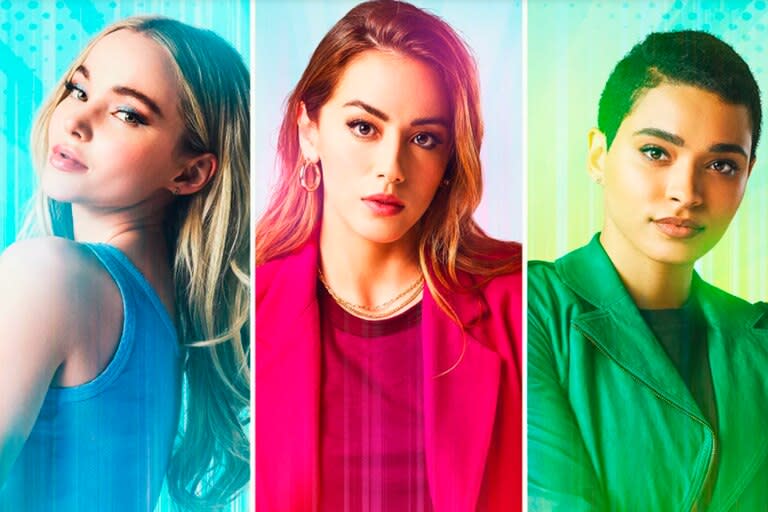 Dove Cameron como Bubbles, Chloe Bennet como Blossom y Yana Perrault como Buttercup en la foto institucional de "Powerpuff"