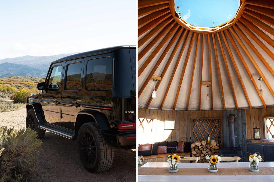 Two photos from The Lodge at Blue Sky, one showing a Mercedes used on the property, and one showing a yurt