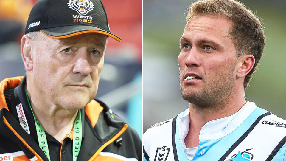 Pictured left to right, Wests Tigers coach Tim Sheens and Cronulla's Matt Moylan.