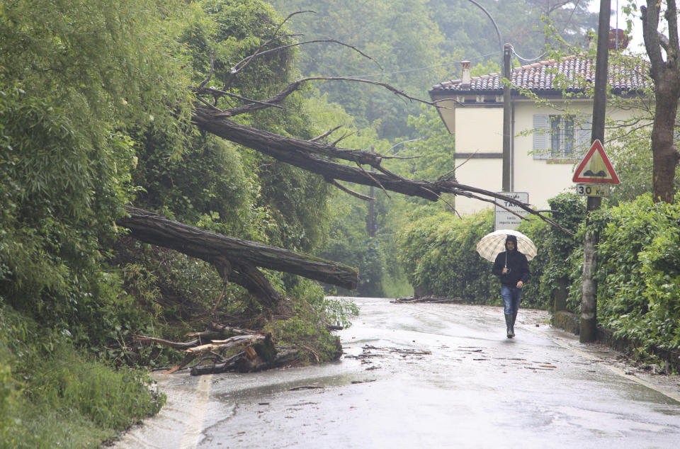 A man walks past fallen trees along a flooded road in Bologna, Italy, Wednesday, May 17, 2023. Exceptional rains Wednesday in a drought-struck region of northern Italy swelled rivers over their banks, killing at least eight people, forcing the evacuation of thousands and prompting officials to warn that Italy needs a national plan to combat climate change-induced flooding. (Michele Nucci/LaPresse via AP)