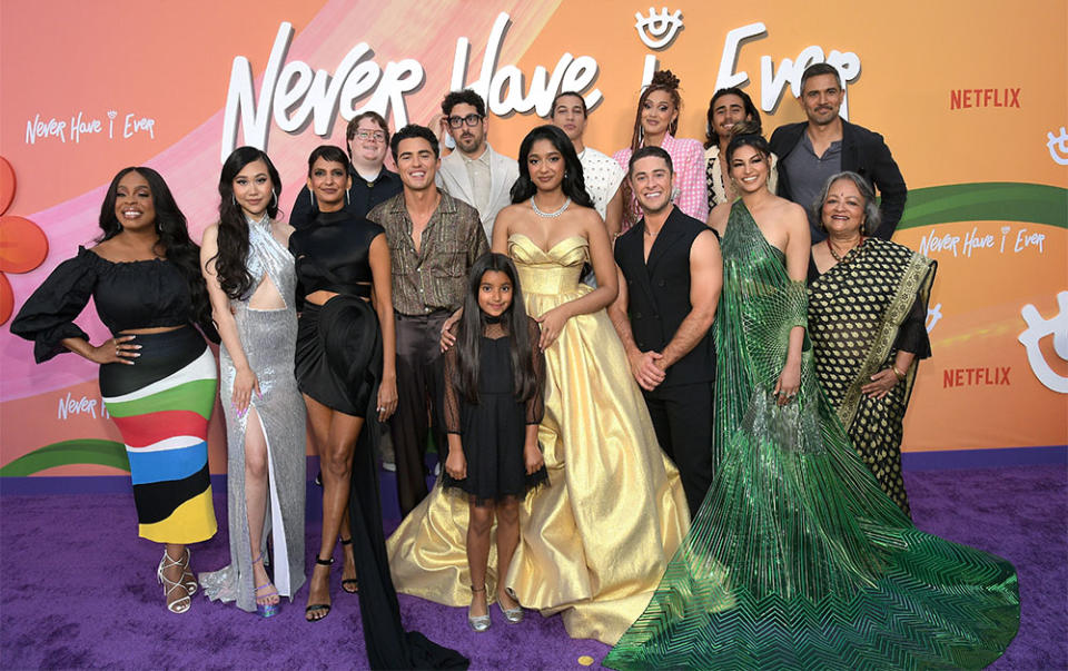 Niecy Nash-Betts, Ramona Young, Poorna Jagannathan, Jack Seavor McDonald, Darren Barnet, Adam Shapiro, Royal Patel, Maitreyi Ramakrishnan, Benjamin Norris, Jaren Lewison, Lee Rodriguez, Michael Cimino, Richa Moorjani, Ivan Hernandez and Ranjita Chakravarty attends Netflix's Never Have I Ever season 4 premiere at Westwood Village on June 01, 2023 in Los Angeles, California.