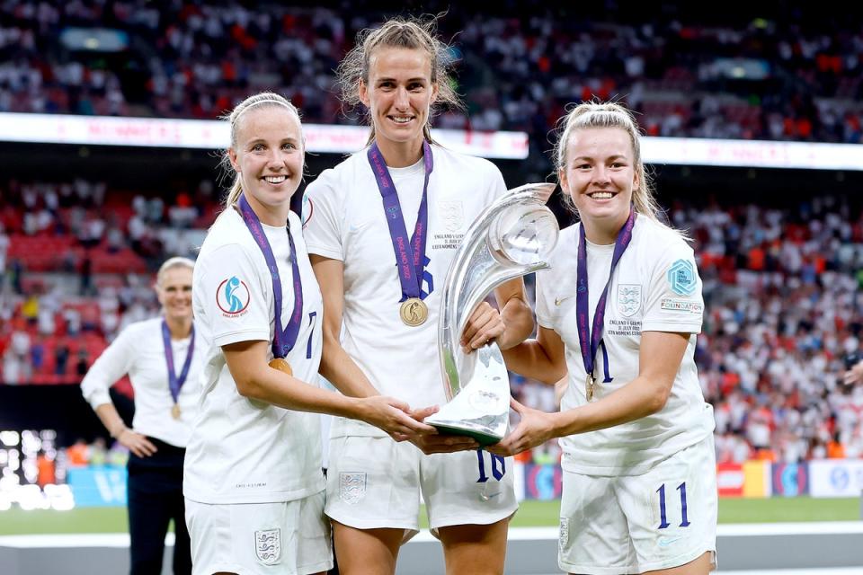 Jill Scott (centre) with Beth Mead and Lauren Hemp celebrating the UEFA Women’s Euro victory in July 2022 (The FA via Getty Images)