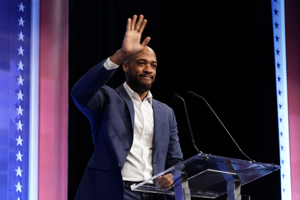 Democratic U.S. Senate candidate Mandela Barnes is introduced during a televised debate Thursday, Oct. 13, 2022, in Milwaukee. (AP Photo/Morry Gash)