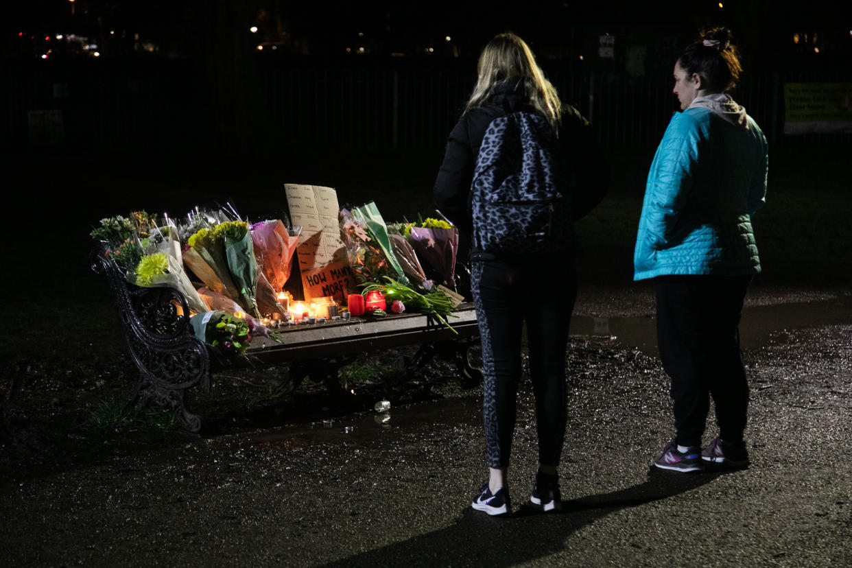 Hundreds of people gathered at a peaceful vigil for Sarah Everard on Clapham Common in South London on the 13th of March 2021, London, United Kingdom. Sarah Everard went missing on 3 March after setting off at 9pm from a friends house to make her two and a half mile journey home. Candles and flowers for Sarah Everard. The vigil was also a call to end violence against girls and women perpetrated by men. The vigil was not sanctioned by police because of Covid restrictions and the police decided to arrest a number of people in an attempt to end the peaceful and highly emotional vigil. The event took place at the band stand on the common and speeches were held from the stand till police confiscated the sound equipment.(photo by Kristian Buus/In Pictures via Getty Images)