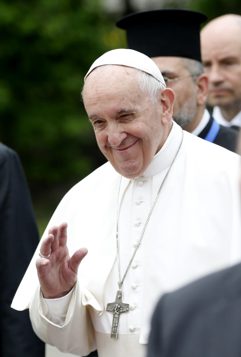 Pope Francis salutes as he arrives in Saint Alexander Nevsky Square in Sofia, Bulgaria, Sunday, May 5, 2019. Pope Francis is visiting Bulgaria, the European Union's poorest country and one that taken a hard line against migrants, a stance that conflicts with the pontiff's view that reaching out to vulnerable people is a moral imperative. (AP Photo/Darko Vojinovic)