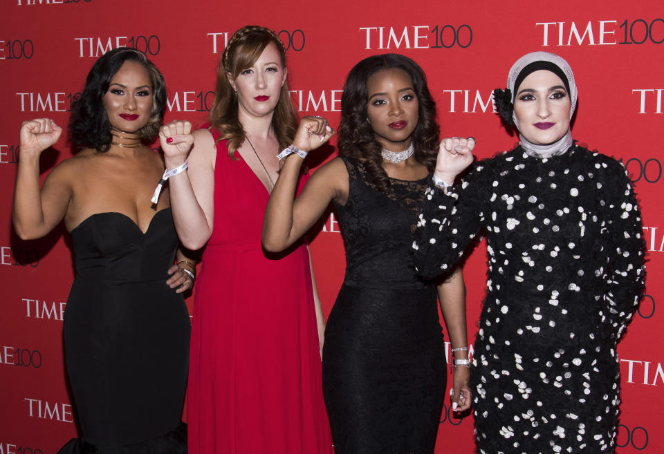 Women’s March leaders Carmen Perez, left, Bob Bland, Tamika Mallory and Linda Sarsour attend the Time 100 Gala, celebrating the 100 most influential people in the world, in April 2017 in New York. (Photo: Charles Sykes/Invision/AP)