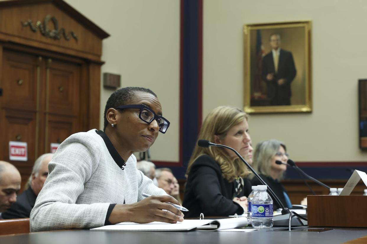 Harvard President Claudine Gay, University of Pennsylvania then-President Elizabeth Magill and MIT President Sally Kornbluth testify before Congress on Dec. 5, 2023. <a href="https://www.gettyimages.com/detail/news-photo/dr-claudine-gay-president-of-harvard-university-liz-magill-news-photo/1833208996?adppopup=true" rel="nofollow noopener" target="_blank" data-ylk="slk:Kevin Dietsch/Getty Images;elm:context_link;itc:0;sec:content-canvas" class="link ">Kevin Dietsch/Getty Images</a>