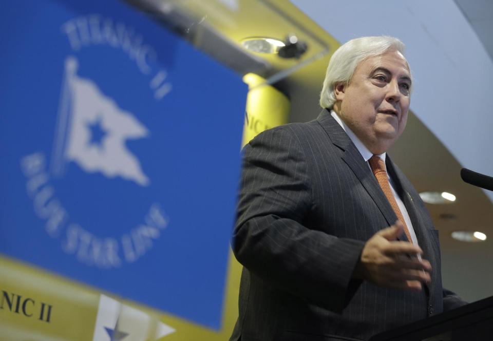 Australian billionaire Clive Palmer speaks during a news conference about his intention to build the Titanic II in New York, Tuesday, Feb. 26, 2013. Palmer is planning to build the ship in China and it is scheduled to sail in 2016.  (AP Photo/Seth Wenig)