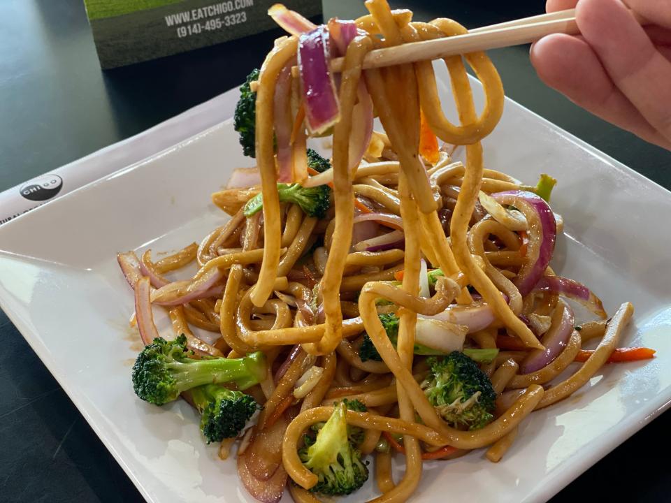 Lo mein from Hawthorne-based CHIGO, which features fresh, local, and organic Chinese cuisine. Once offering takeout only, it now has seating inside for up to 36.