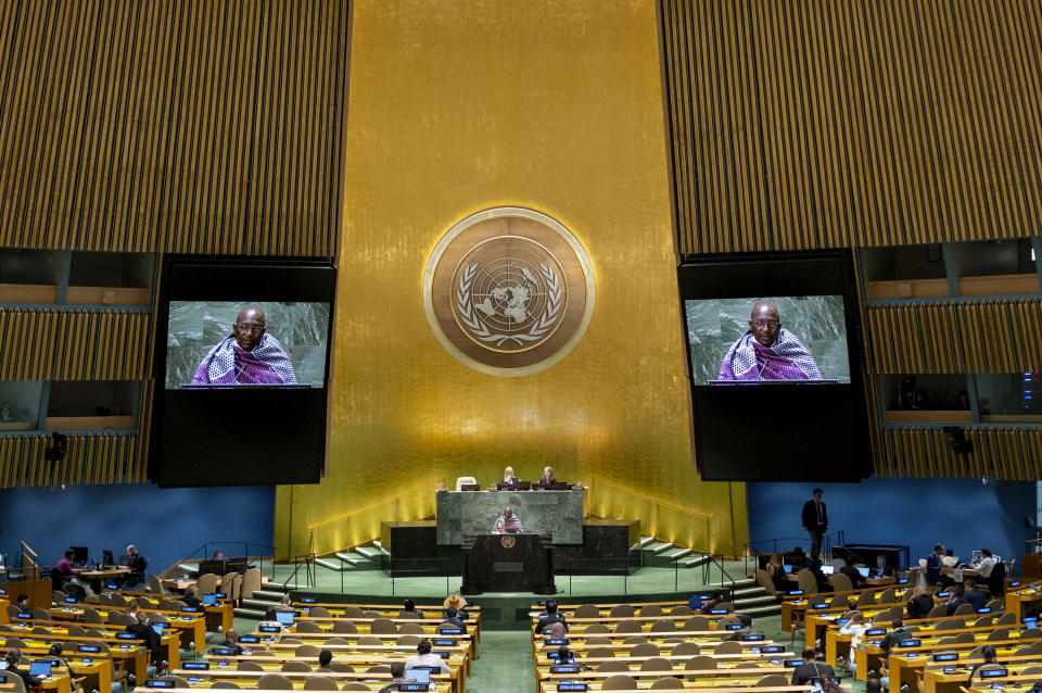 Prime Minister of Lesotho Ntsokoane Samuel Matekane addresses the 78th session of the United Nations General Assembly, Friday, Sept. 22, 2023. (AP Photo/Craig Ruttle)