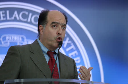 Julio Borges, lawmaker of the Venezuelan coalition of opposition parties (MUD), talks to the media after a meeting in Santo Domingo, Dominican Republic February 7, 2018. REUTERS/Ricardo Rojas