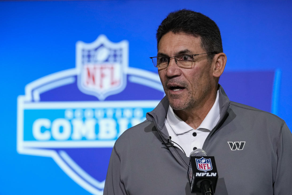 Washington Commanders head coach Ron Rivera speaks during a press conference at the NFL football scouting combine in Indianapolis, Tuesday, Feb. 28, 2023. (AP Photo/Michael Conroy)