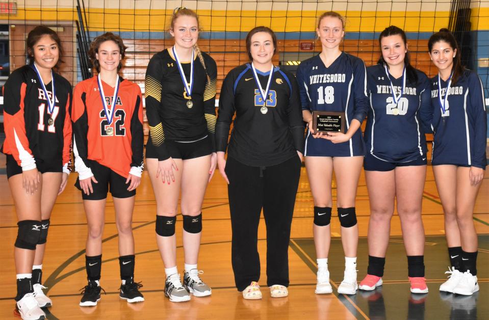 Mt. Markham Tournament all-star selections included (from left) Rome Free Academy Black Knights Thylia Keoviengsamay and Shannen Calandra, South Jefferson Spartan Audrey Bibbins, Mt, Markham Mustang Trinity Bailey, and Whitesboro Warriors Riley Collis, the most valuable player, Kylee DeCarr and Julia Ciancaglini.