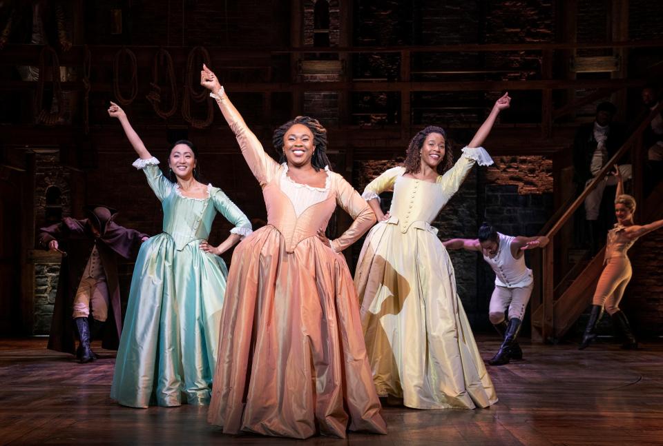 From left, Stephanie Jae Park, Ta'Rea Campbell and Paige Smallwood perform on the national tour of "Hamilton."
