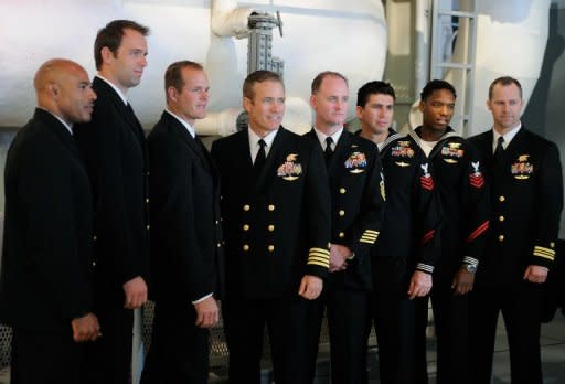 (L-R) Navy Seals Sonny, Dave, Mikey, Duncan, Vano, Ray, Ajay and Rourke attend the New York premiere of Relativity Media's new movie "Act Of Valor." In a radical departure for America's special forces the secretive Navy SEALs are coming out of the shadows for a new Hollywood film, with elite commandos cast in starring roles