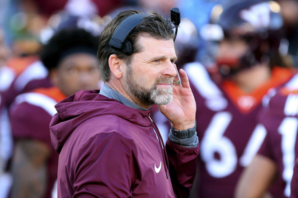 FILE - Virginia Tech head coach Brent Pry stands on the sideline prior to an NCAA college football game against North Carolina State, Nov. 18 2023, in Blacksburg, Va. Tulane and Virginia Tech meet Wednesday, Dec. 27, 2023, in Annapolis, Md., for the Military Bowl. The game will take place at Navy's home stadium, and although Tulane is in the same conference as the Midshipmen, the Green Wave haven't played there since 2019. (Matt Gentry/The Roanoke Times via AP, File)