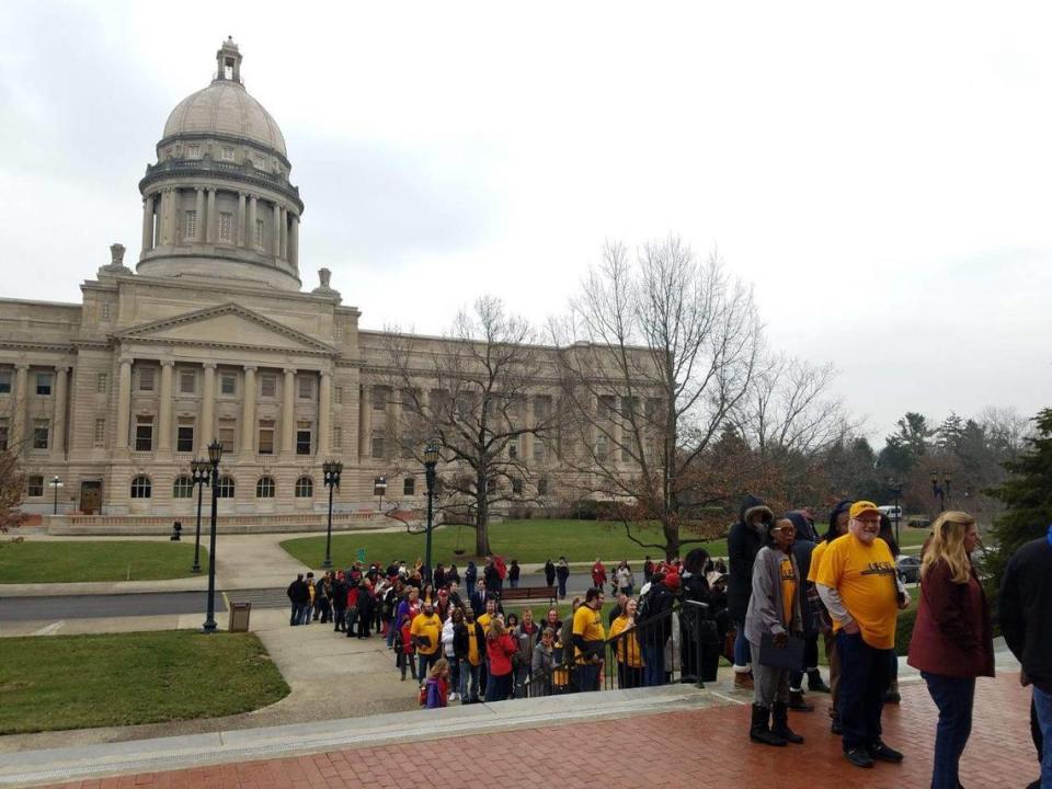 Teachers were back in Frankfort in Frankfort to protest a bill that would restructure the board of the Teachers Retirement System. Teachers in Fayette, Jefferson, Madison and other counties staged a “sick out” on the same day a hearing is planned on the bill.