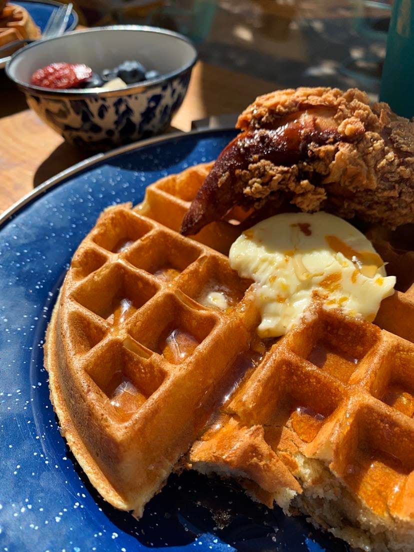 The Chicken and Waffles was the perfect way to start a Sunday morning. The crispy, moist fried chicken breast is topped on a soft waffle with an out-of-this-world homemade apricot butter. Order an extra side of fruit for added freshness.