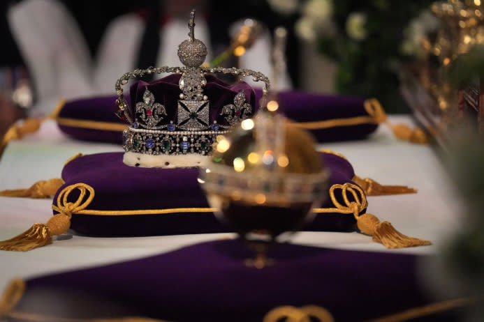 The ImperIal State Crown, orb and sceptre on the high altar during the Committal Service for Queen Elizabeth II, at St George's Chapel in Windsor Castle on September 19, 2022 in Windsor, England