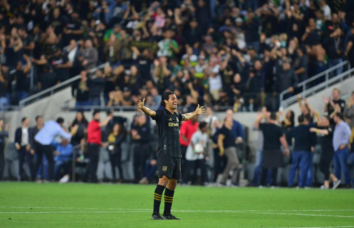 February 27, 2020; Los Angeles, California, USA; Los Angeles FC forward Carlos Vela (10) celebrates the 3-0 victory against Leon at Banc of California Stadium. Mandatory Credit: Gary A. Vasquez-USA TODAY Sports