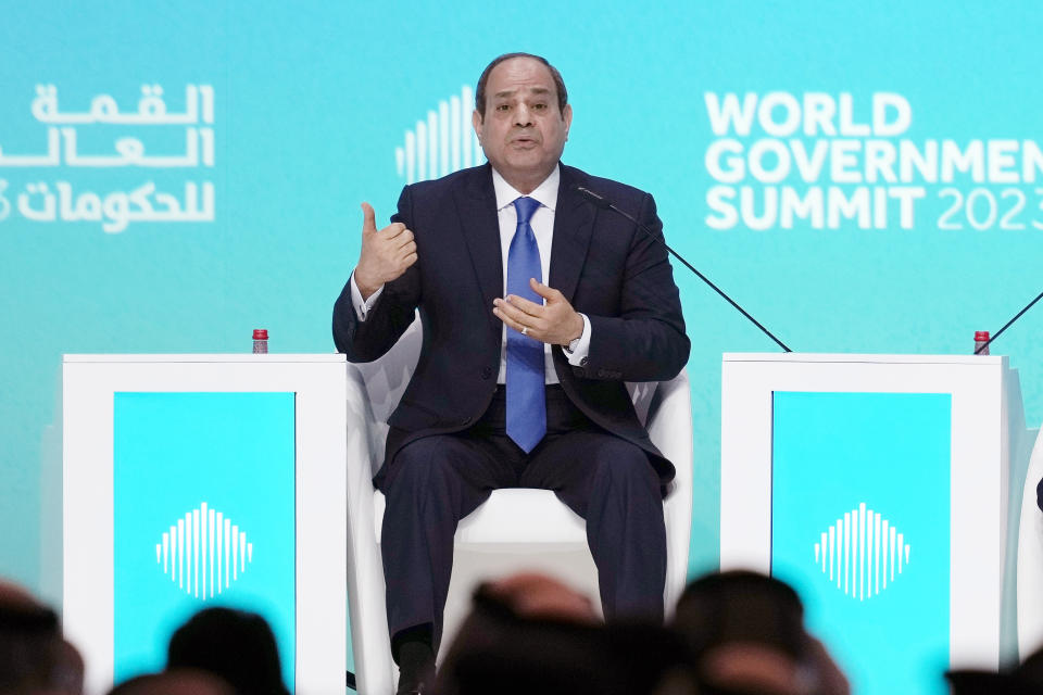 Egyptian President Abdel Fattah el-Sissi talks during the World Government Summit opening day in Dubai, United Arab Emirates, Monday, Feb 13, 2023. El-Sissi offered effusive praise Monday for the United Arab Emirates, seeking to repair a rift between Cairo and the Gulf Arab states that have supplied billions of dollars in aid to his nation. (AP Photo/Kamran Jebreili)