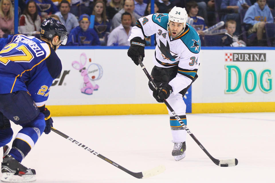 ST. LOUIS, MO - APRIL 14: Daniel Winnik #34 of the San Jose Sharks takes a shot on goal against the St. Louis Blues during Game Two of the Western Conference Quarterfinals during the 2012 NHL Stanley Cup Playoffs at the Scottrade Center on April 14, 2012 in St. Louis, Missouri. (Photo by Dilip Vishwanat/Getty Images)