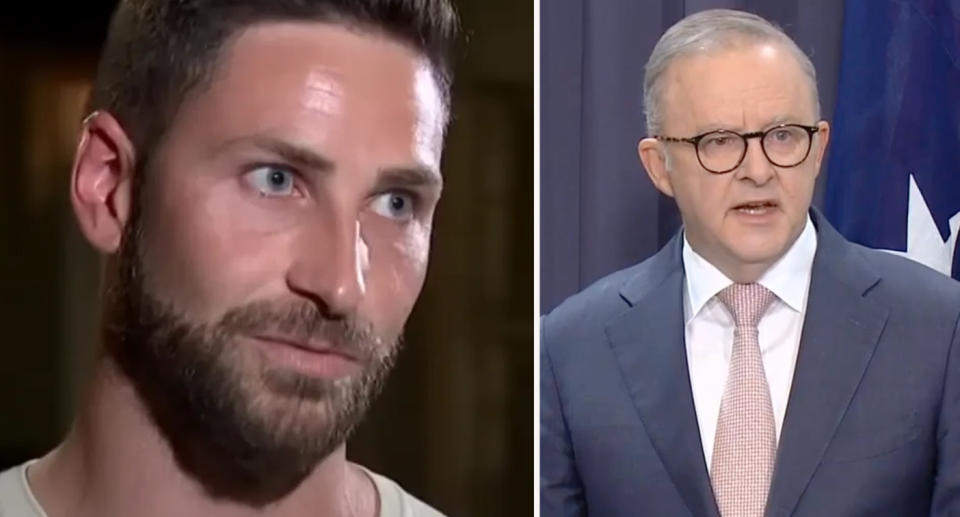 Left: Damien 'bollard man' Guerot during interview after Bondi stabbing spree. Right: Prime Minister Anthony Albanese during press conference. 