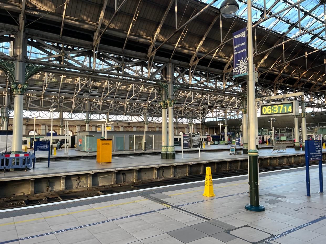 One of the UK’s busiest rail hubs, Manchester Piccadilly, is extremely quiet this morning (Simon Calder / The Independent)
