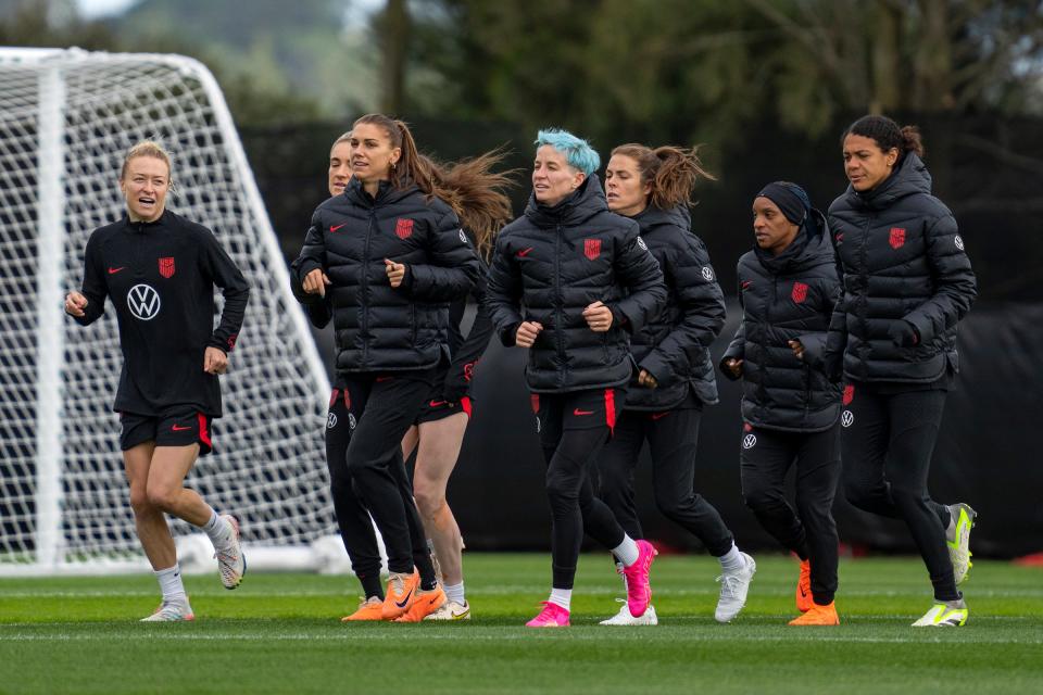 United States players jog to warm up for a training session at Bay City Park amid the 2023 FIFA Women's World Cup on July 24, 2023 in Auckland, New Zealand.