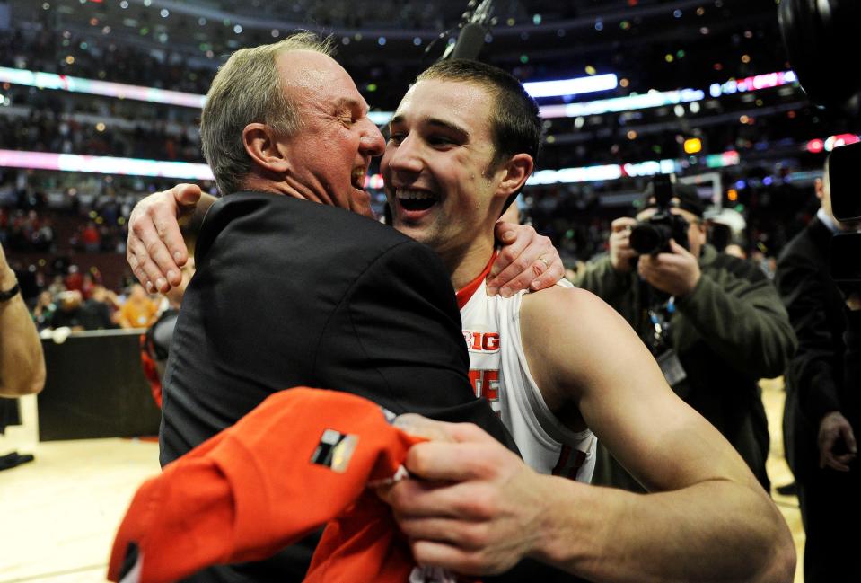 Ohio State coach Thad Matta (left) hugs guard Aaron Craft (4) after the championship game of the 2013 Big Ten tournament against the Wisconsin Badgers at the United Center.