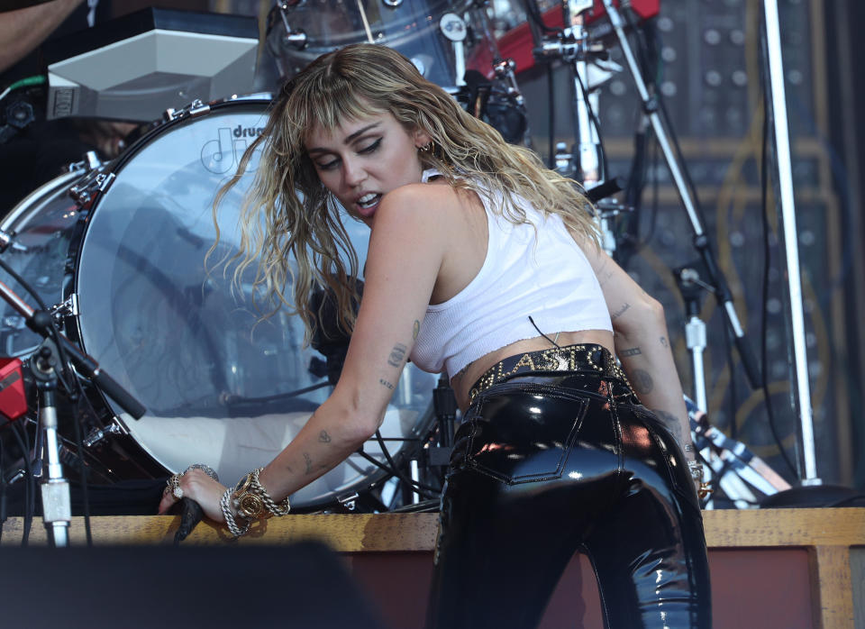 Miley Cyrus performing on the fifth day of the Glastonbury Festival at Worthy Farm in Somerset.