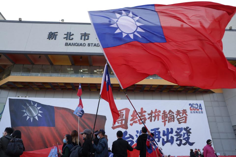 Taiwanese flags during a campaign rally of the main opposition Kuomintang (KMT) party ahead of the presidential election, in New Taipei City on January 12, 2024