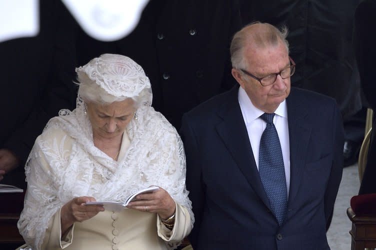 Belgium's Queen Paola (L) and King Albert II attend canonization mass in St. Peter's Square at the Vatican in Vatican City on April 27, 2014. On August 9, 1993, King Albert II of Belgium was crowned 10 days after King Baudouin I, his older brother, died of heart failure. File Photo by Stefano Spaziani/UPI