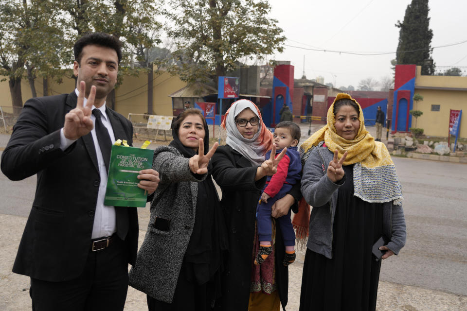 Supporters of Pakistan's former Prime Minister Imran Khan react following a special court decision, outside the Adiyala prison, in Rawalpindi, Pakistan, Tuesday, Jan. 30, 2024. A Pakistani court on Tuesday sentenced former Prime Minister Khan and one of his party deputy Qureshi to 10 years in prison each, after finding them guilty of revealing official secrets. (AP Photo/Anjum Naveed)