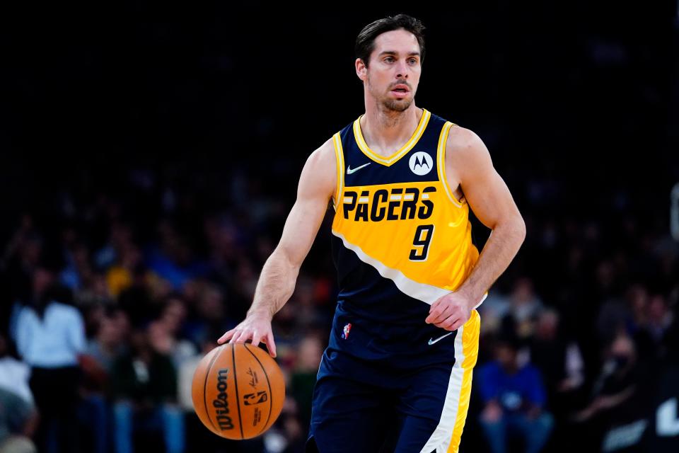 Indiana Pacers' T.J. McConnell (9) during the first half of an NBA basketball game against the New York Knicks Monday, Nov. 15, 2021, in New York.