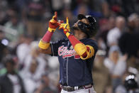 Atlanta Braves' Ronald Acuna Jr. celebrates after hitting his second solo home run against the Washington Nationals during the seventh inning of a baseball game at Nationals Park, Tuesday, Sept. 27, 2022, in Washington. The Braves won 8-2. (AP Photo/Jess Rapfogel)