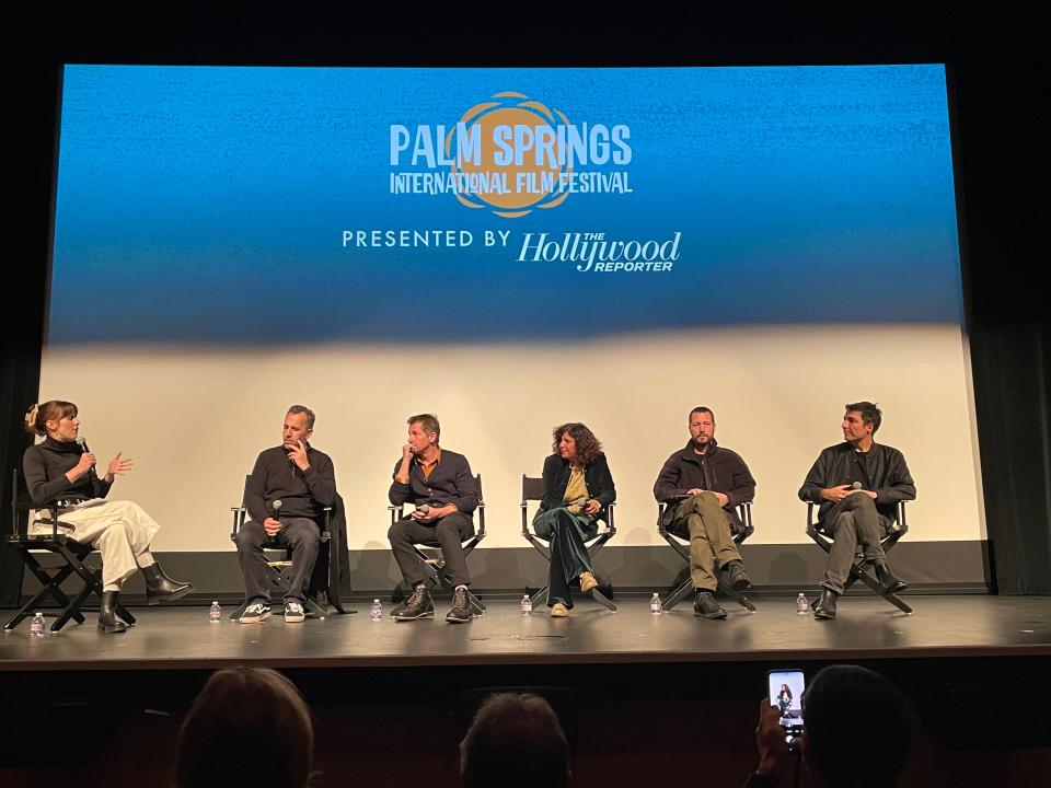 From left, moderator Mia Galuppo, "The Promised Land" director Nikolaj Arcel, "Amerikatsi" director Michael A. Goorjian, "Four Daughters" director Kaouther Ben Hania, "20 Days in Mariupol" director Mstyslav Chernov and "The Teachers' Lounge" Ilker Çatak at an international directors panel hosted by the Palm Springs International Film Festival on Jan. 8, 2024.