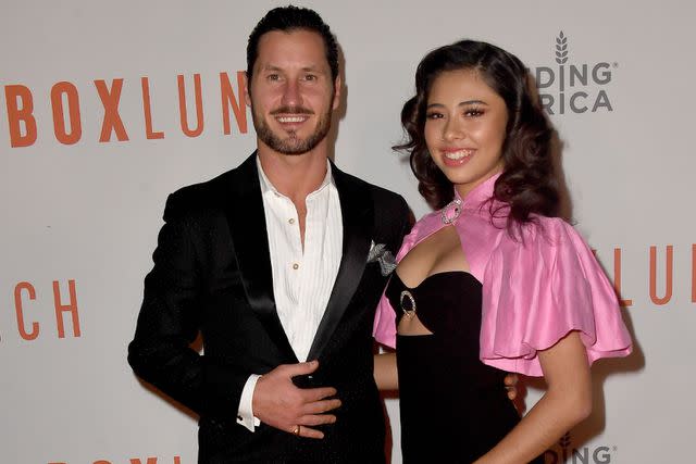 <p>Albert L. Ortega/Getty</p> Val Chmerkovskiy and Xochitl Gomez at the BoxLunch Holiday Gala in Los Angeles