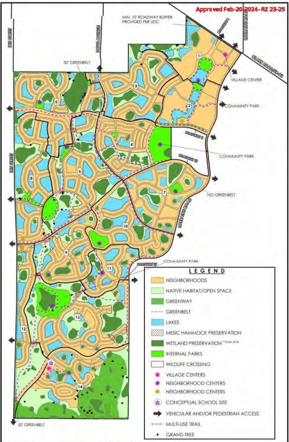 A site plan for 3H Ranch, which will stretch more than 2,700 acres east of Interstate 75 and south of Clark Road. The master-planned community will contain more than 6,500 residential units and 370,000 square feet of commercial and office space.