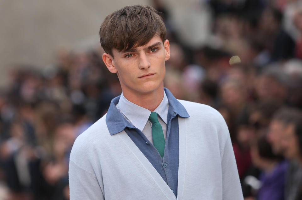 A model wears a creation by Burberry during London Men's spring summer fashion collections 2014, in London, Tuesday, June 18, 2013. (Photo by Joel Ryan/Invision/AP)