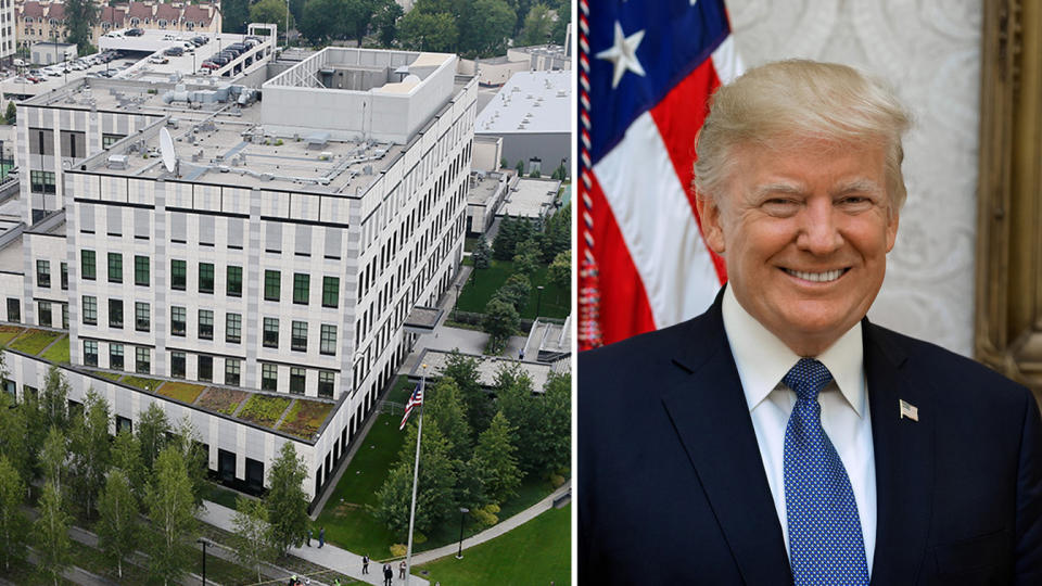 The U.S. embassy compound in Kiev, Ukraine, and the official portrait of President Trump. (Photos: Valentyn Ogirenko/Reuters, The White House)