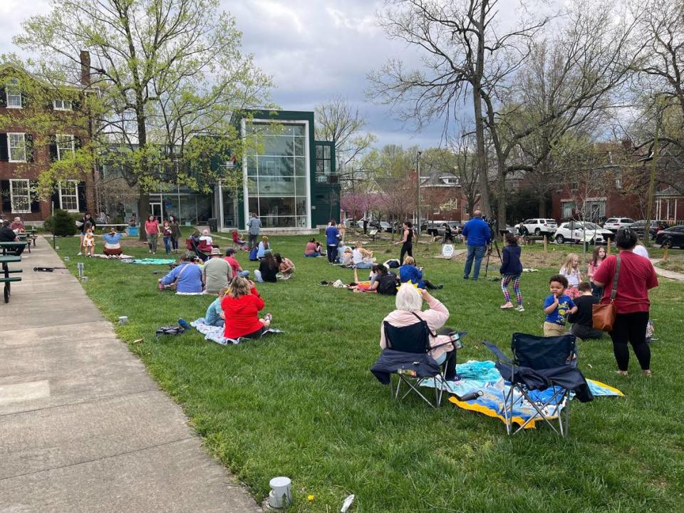 Spectators at Lexington’s Living Arts and Science Center gather to watch the solar eclipse April 8, 2024. Chris Leach