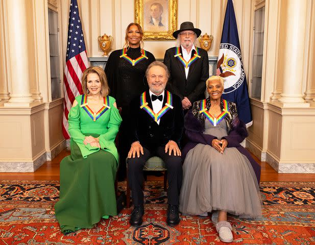 <p>Mary Kouw/CBS via Getty</p> Queen Latifah and Barry Gibb. Pictured (L-R bottom row) Renee Fleming, Billy Crystal, and Dionne Warwick were recognized for their achievements in the performing arts during the 46th annual Kennedy Center Honors