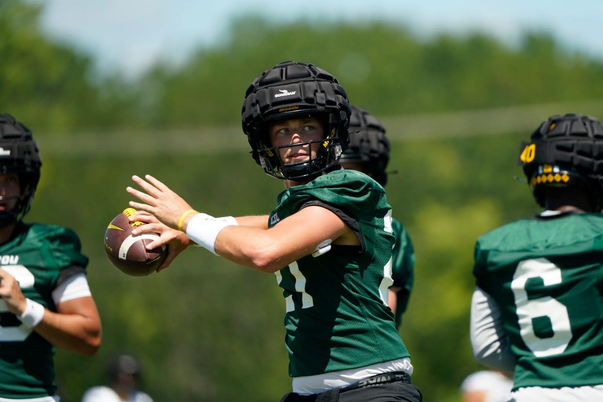 Missouri quarterback Sam Horn throws during an NCAA college football practice Wednesday, Aug. 10, 2022, in Columbia, Mo.