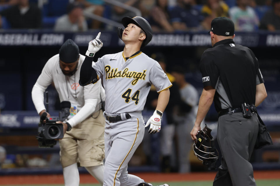 Pittsburgh Pirates' Hoy Park reacts after hitting a home run against the Tampa Bay Rays during the fifth inning of a baseball game Friday, June 24, 2022, in St. Petersburg, Fla. (AP Photo/Scott Audette)