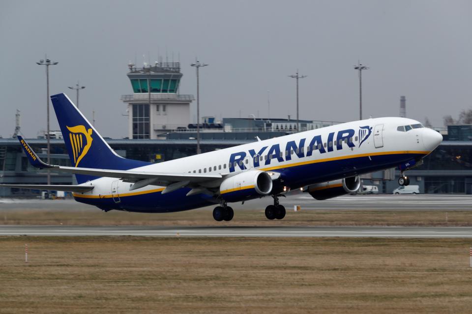 FILE PHOTO: Ryanair Boeing 737-8AS plane takes off in Riga, Latvia March 16, 2020. REUTERS/Ints Kalnins/File Photo