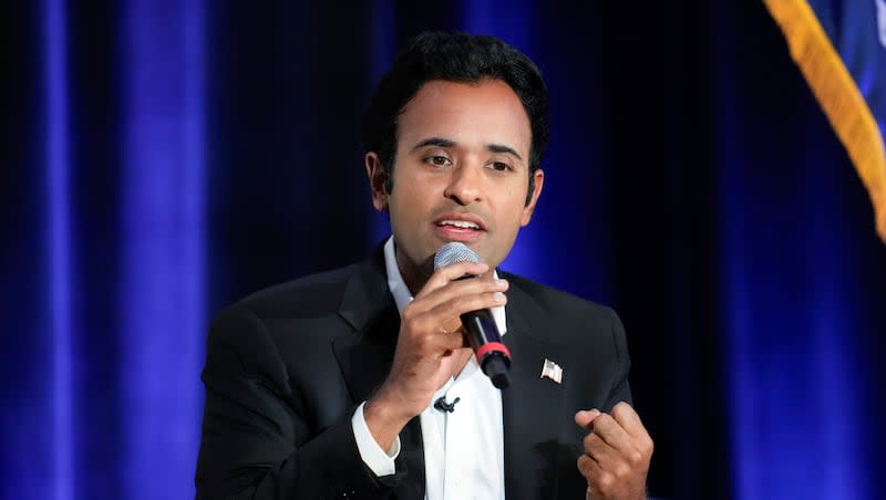 Former Republican presidential candidate businessman Vivek Ramaswamy speaks at an event in St. Clair Shores, Mich., Monday, Aug. 14, 2023. Ramaswamy endorsed U.S. Senate candidate Trent Staggs on Wednesday.