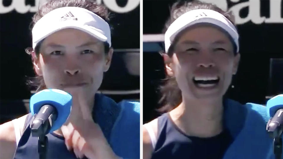 Taiwanese tennis star Hsieh Su-Wei won over fans with a cheeky response to a question after her upset Australian Open win over Bianca Andreescu. Pictures: Channel 9