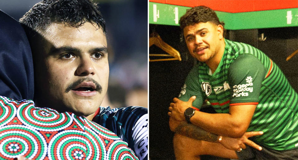 Pictured right, Latrell Mitchell back in pre-season training with the Rabbitohs.
